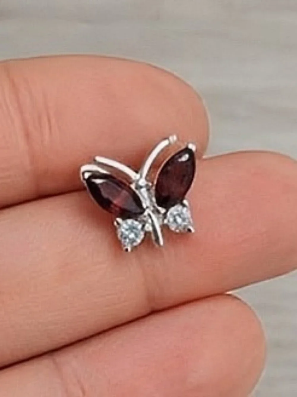 Garnet And CZ Butterfly Earrings Post Back  Set In 925 Sterling Silver